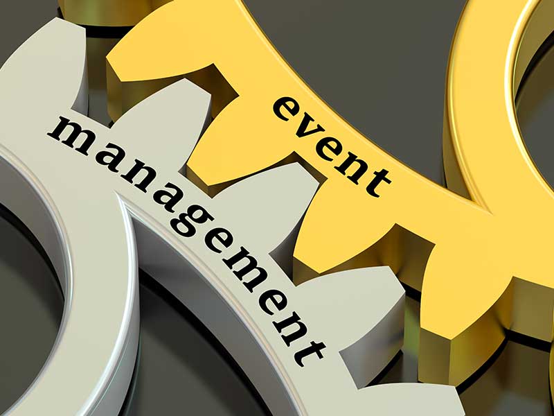 Event Management concept on the gearwheels, 3D rendering